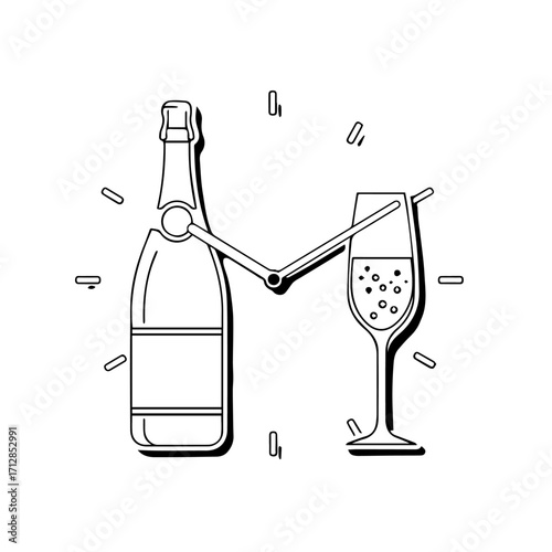 Stylized black and white line art clock with a champagne bottle and a sparkling flute.