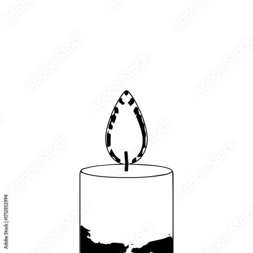 Stylized black and white line art of a burning pillar candle with a patterned flame and textured base.