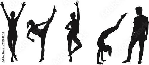 Silhouette dancers, gymnastic poses, elegant movement, black vector figures, balance and flexibility, human shapes, performing arts, graceful posture, minimalist style, fitness concept