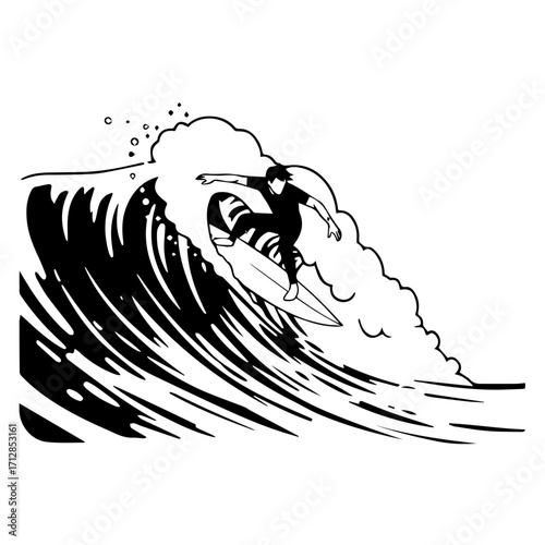 Silhouette Surfer Riding a Crashing Wave with Dynamic Action and Style.