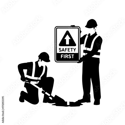 Silhouetted Construction Workers with Safety Sign HighVisibility Vest and Tools.