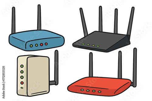 Wireless routers in various designs and colors, vector cartoon illustration with transparent background, includes blue, black, cream, and red router models, technology and internet concept