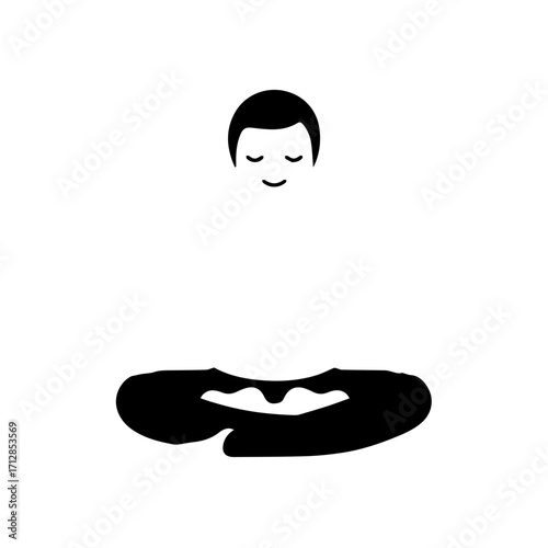 Stylized black icon of a serene person meditating in a peaceful lotus position with an implied body.