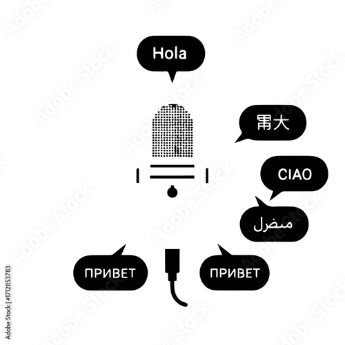 Stylized Black Microphone with Speech Bubbles in Multiple Languages.
