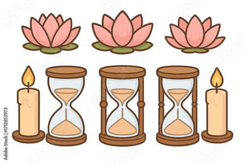 Mindful serenity concept with lotus flowers, hourglasses, and candles. Vector illustration set for meditation, wellness, zen, and spiritual balance. Time passing metaphor.