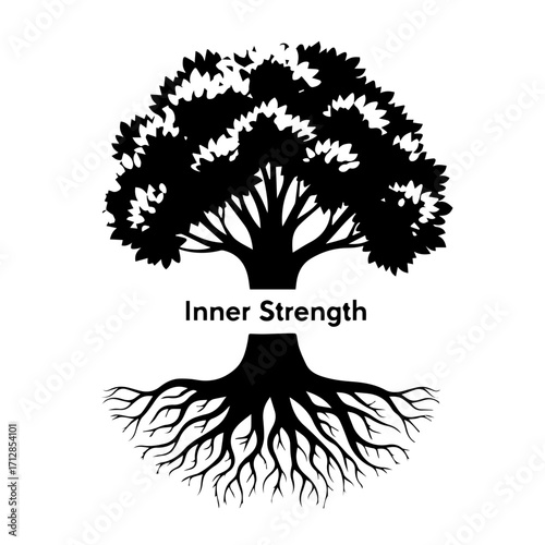 Stylized black tree silhouette with a visible root system and the text Inner Strength on the trunk.