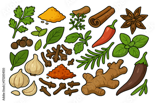 Spices and herbs big set. Cartoon vector icons of culinary ingredients. Cinnamon, ginger, chili pepper, garlic, basil, cloves, rosemary, turmeric, parsley. Isolated on white.