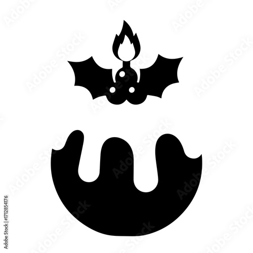 Stylized Christmas pudding icon with dripping icing a lit candle and holly leaves shaped like bat wings.
