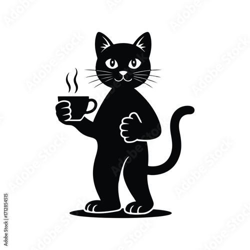 Cat Holding Coffee Cup Silhouette. cat silhouette vector illustration.