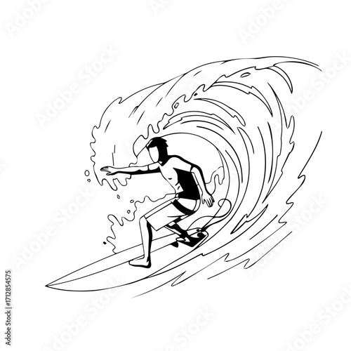 Surfer Riding a Large Wave in Black and White Line Art Style.