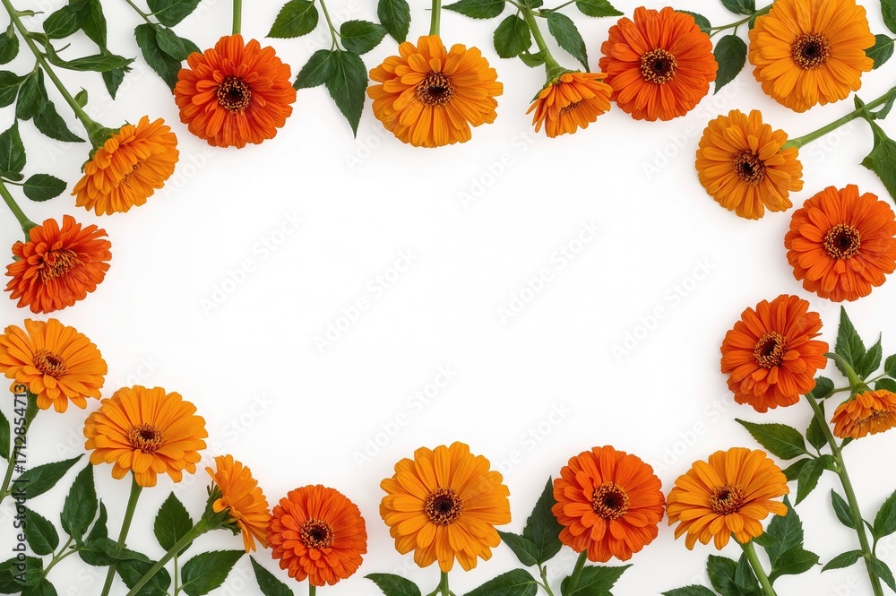 Obraz premium Orange Zinnia Flowers Blooming with Leaves on White Background