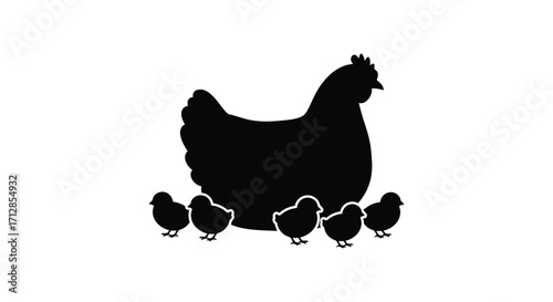 A hen with chicks displayed as a striking black silhouette