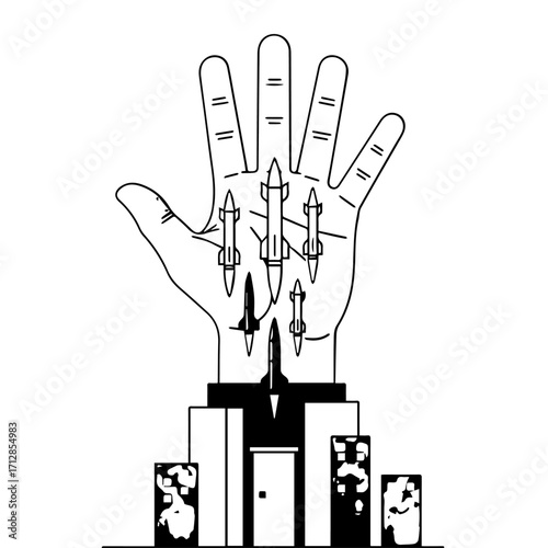 Symbolic Hand Holding Missiles Above a Building Black and White Illustration.