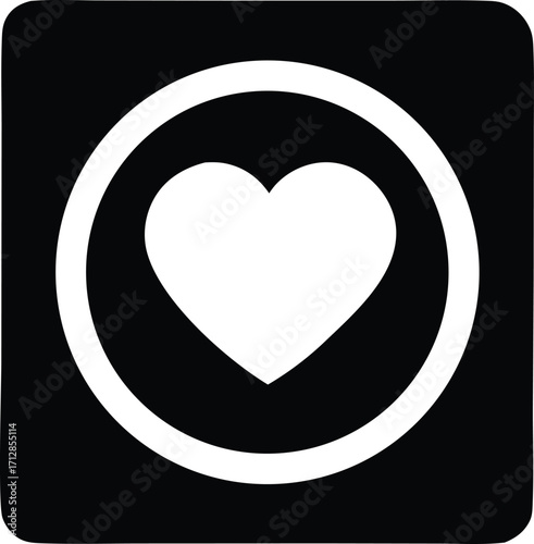 Simple black and white heart icon symbol inside a circle for love romance social media app user interface design elements