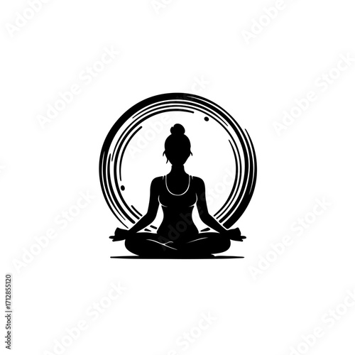 “Woman silhouette in lotus meditation yoga pose with abstract circular aura for wellness branding”