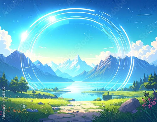 Peaceful landscape with a glowing portal