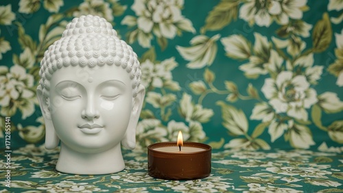 Wallpaper Mural Enlightenment experience with a Buddha figure and miniature meditation setup. Zen ritual with Buddha's serene white visage, brown candle, and lush green floral backdrop. Religious and esoteric theme Torontodigital.ca