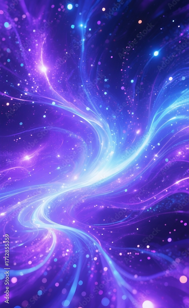 Naklejka premium Abstract cosmic nebula background, glowing particle veins with luminous purple and blue light, smooth energy flow, magical aura, ultra-detailed, soft focus, ethereal atmosphere