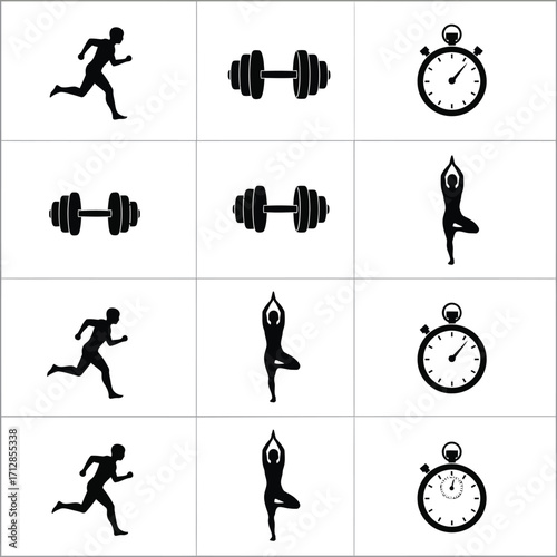 Diverse Fitness Icons Dynamic Runners, Weights, Yoga Poses, and Precision Timekeeping Visuals