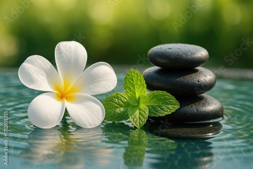 Zen-inspired spa scene featuring peppermint aroma and pebble decor