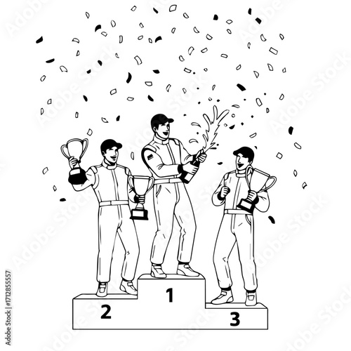 Three Racing Drivers Celebrating Victory on Podium with Trophies and Confetti.