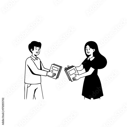 Wallpaper Mural Two Cartoon People Exchanging Books Simple Black and White Illustration. Torontodigital.ca