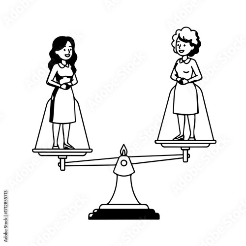 Two Cartoon Women Balancing on a Scale Representing Equality and Justice.