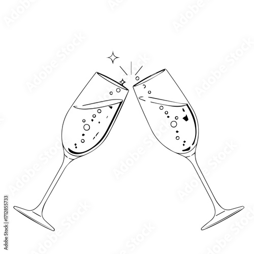 Two Champagne Flutes Clinking Together in Celebration with Bubbles and Stars.