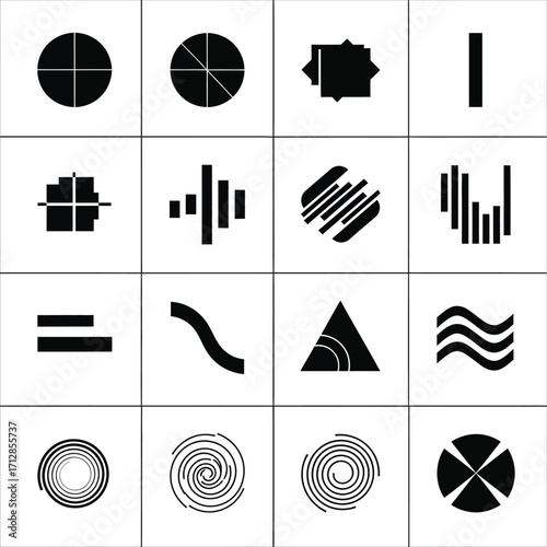 Abstract geometric shapes and patterns in black and white, a collection of graphic design elements for creative use