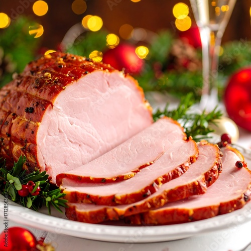 Sliced ham on a plate, festive Christmas background