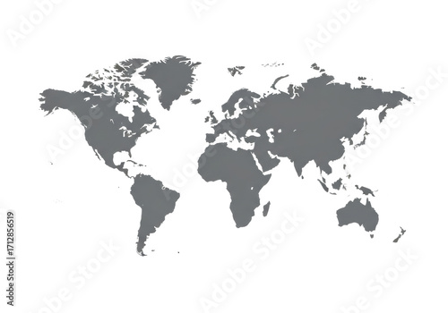 Precisely rendered, minimalist world map silhouette in subtle grey, centrally on a transparent background with ample copy space, bright studio lighting, concept of global precision and versatility