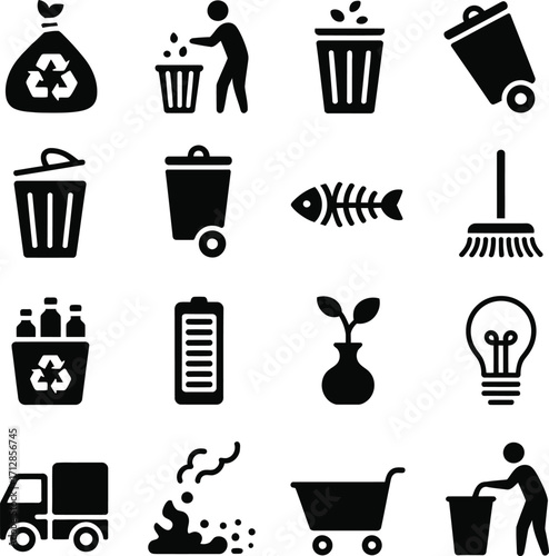 A collection of sixteen black silhouette icons related to waste management and environmental themes shown