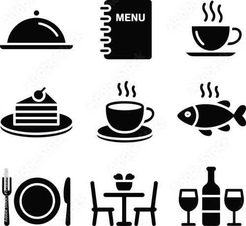 A collection of restaurant related icons including food drinks and dining arrangements in black and white