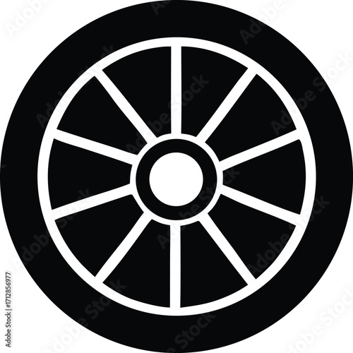 Abstract circular symbol with radiating spokes and central hub representing motion or a wheel structure