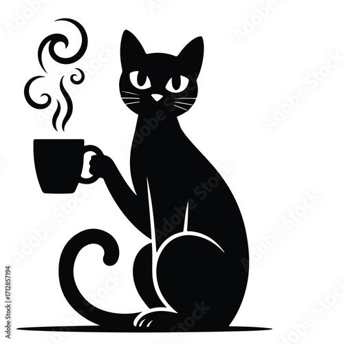 Black Cat with Coffee Cup Silhouette. cat silhouette vector illustration.