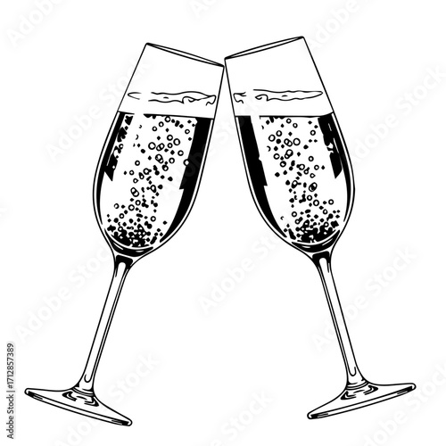 Two Elegant Champagne Flutes Clinking Filled with Bubbles Celebration Toast.