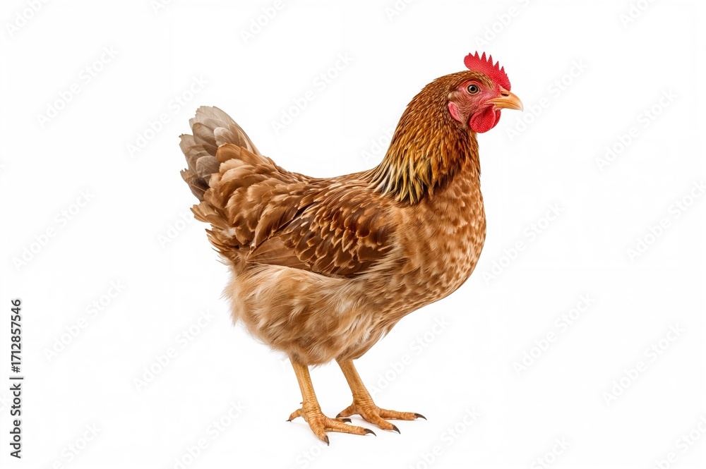Fototapeta premium Young brown chicken standing against a white backdrop