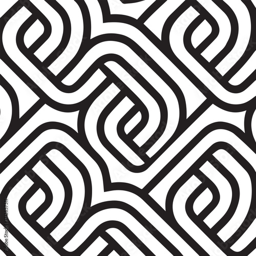 Seamless abstract black and white interlocking curved lines pattern with a textured grungy feel and optical illusion effect