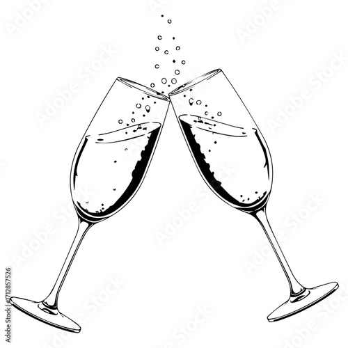 Two handdrawn champagne flutes clinking in a celebratory toast with sparkling bubbles.