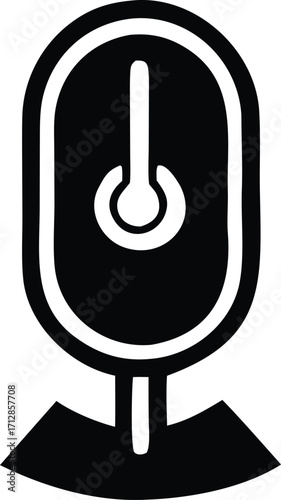 Simple iconography of a microphone with a power symbol for audio recording and broadcasting needs