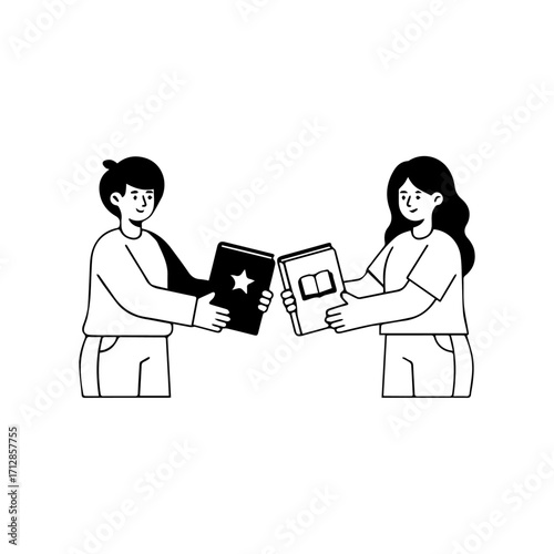 Two People Holding Books Sharing Knowledge Black and White Illustration.