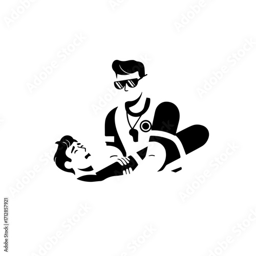 Vector Illustration of a Lifeguard Rescuing an Unconscious Person at the Beach.