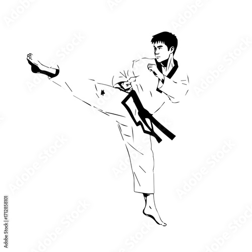 Vector Illustration of a Taekwondo Practitioner Performing a High Kick in Action.