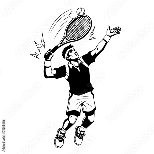 Vector Illustration of a Tennis Player Serving the Ball with Racket and Athletic Pose.
