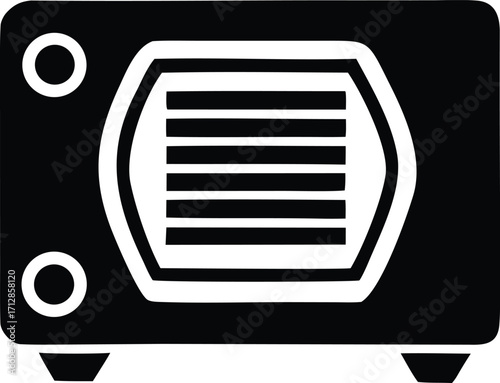 Retro radio icon with horizontal grille and circular speaker elements symbol for vintage audio broadcasting and music playback