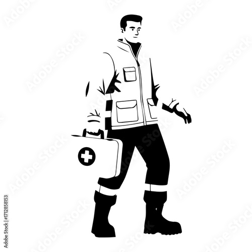 Vector Illustration of a Walking Paramedic Holding a First Aid Kit.