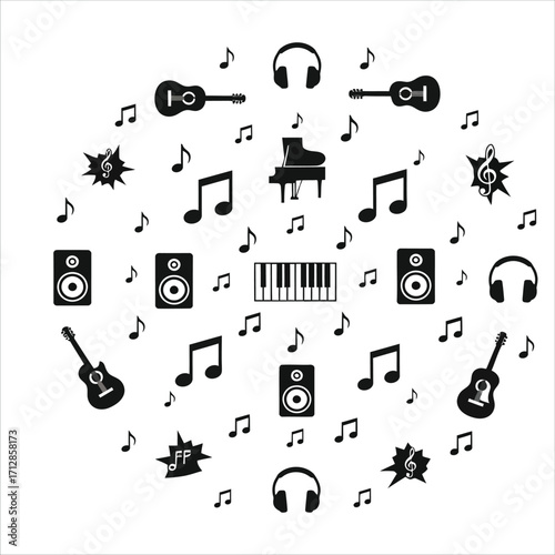 Harmonious circular arrangement of musical instruments, headphones, and notes in a crisp monochrome vector illustration, celebrating the universal language of sound