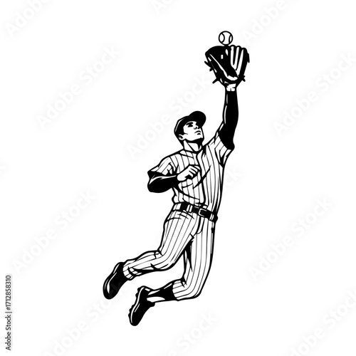 Vintage Baseball Player Leaping High to Catch the Ball in Glove.