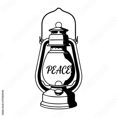 Vintage Black and White Lantern with PEACE Inscribed on Glass.