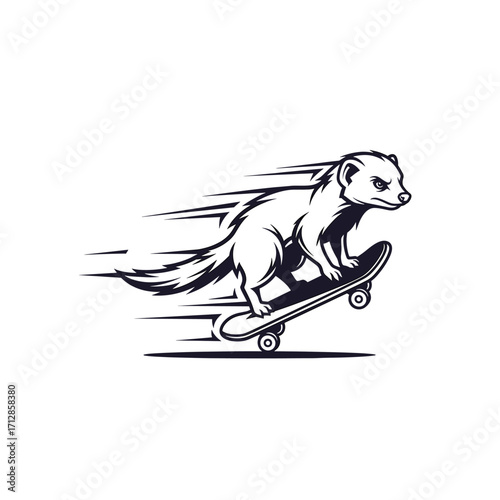 Cartoon Ferret Shredding a Skateboard: Stylish Illustration of a Weasel Skateboarding with Speed and Agility, Perfect for Sport or Animal-themed Designs and Merchandise.